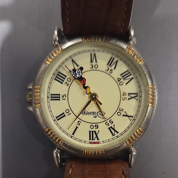 Disney Men's Silver and Gold Watch with Brown Strap AS IS